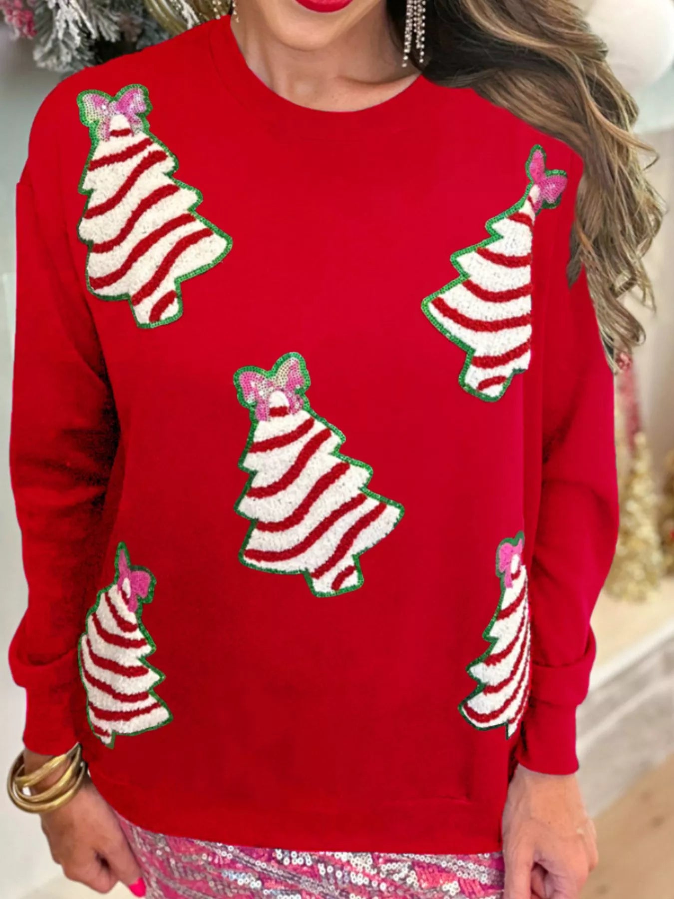 Christmas Tree Sequin Long Sleeve Sweatshirt Red OutfitFlow