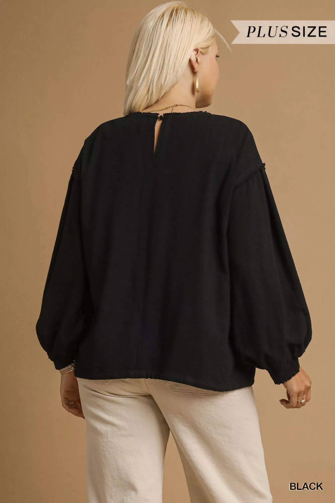 Umgee Full Size Linen Long Sleeve Top with Drawstring Plus Size Trendsi
