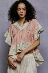 POL Floral V-Neck Short Sleeve Ruffled Double Gauze Blouse with Embroidery Detail SALMON PINK OutfitFlow