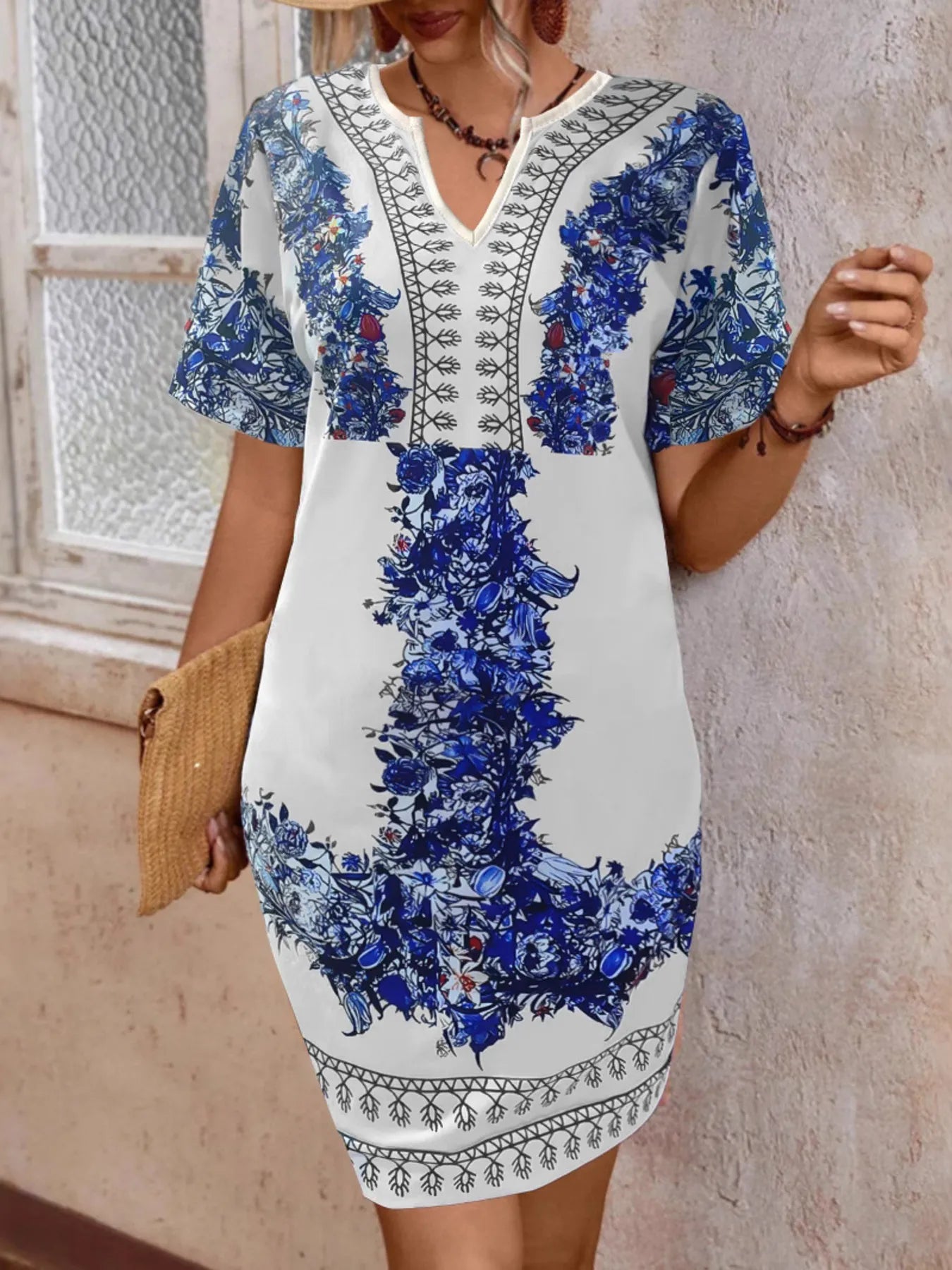 Floral Notched Short Sleeve Dress OutfitFlow