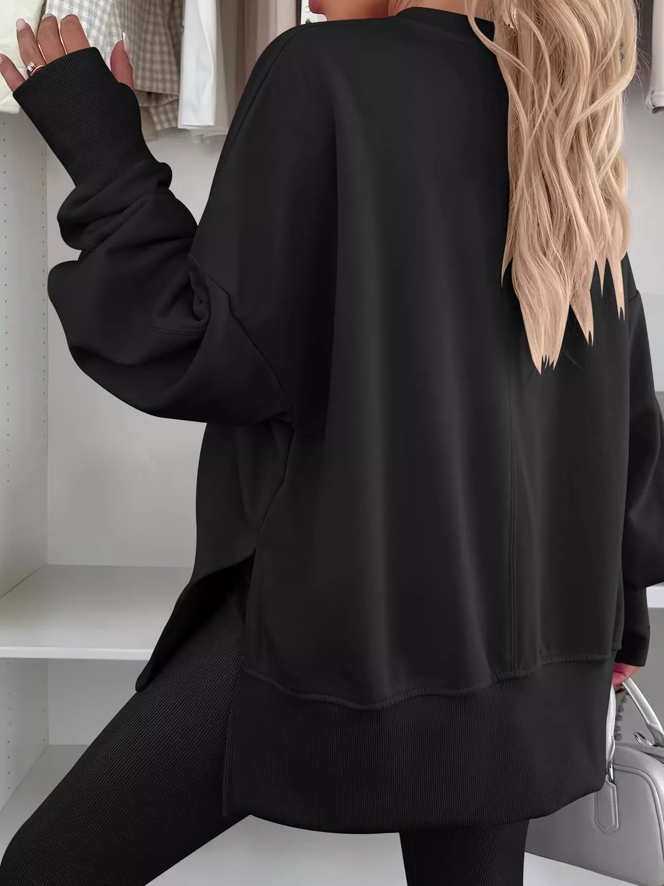 Side Slit Round Neck Long Sleeve Sweatshirt OutfitFlow