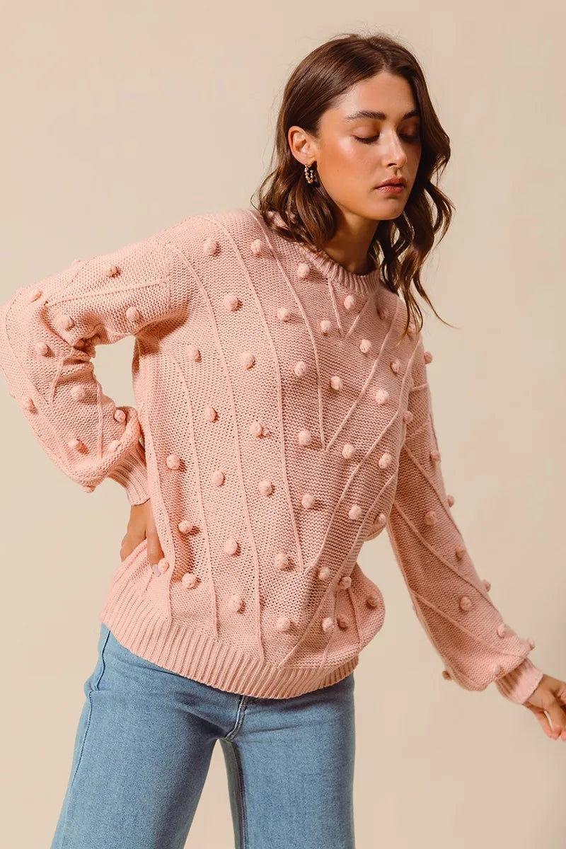 SO ME Pom Pom Textured Knit Sweater Top Trendsi