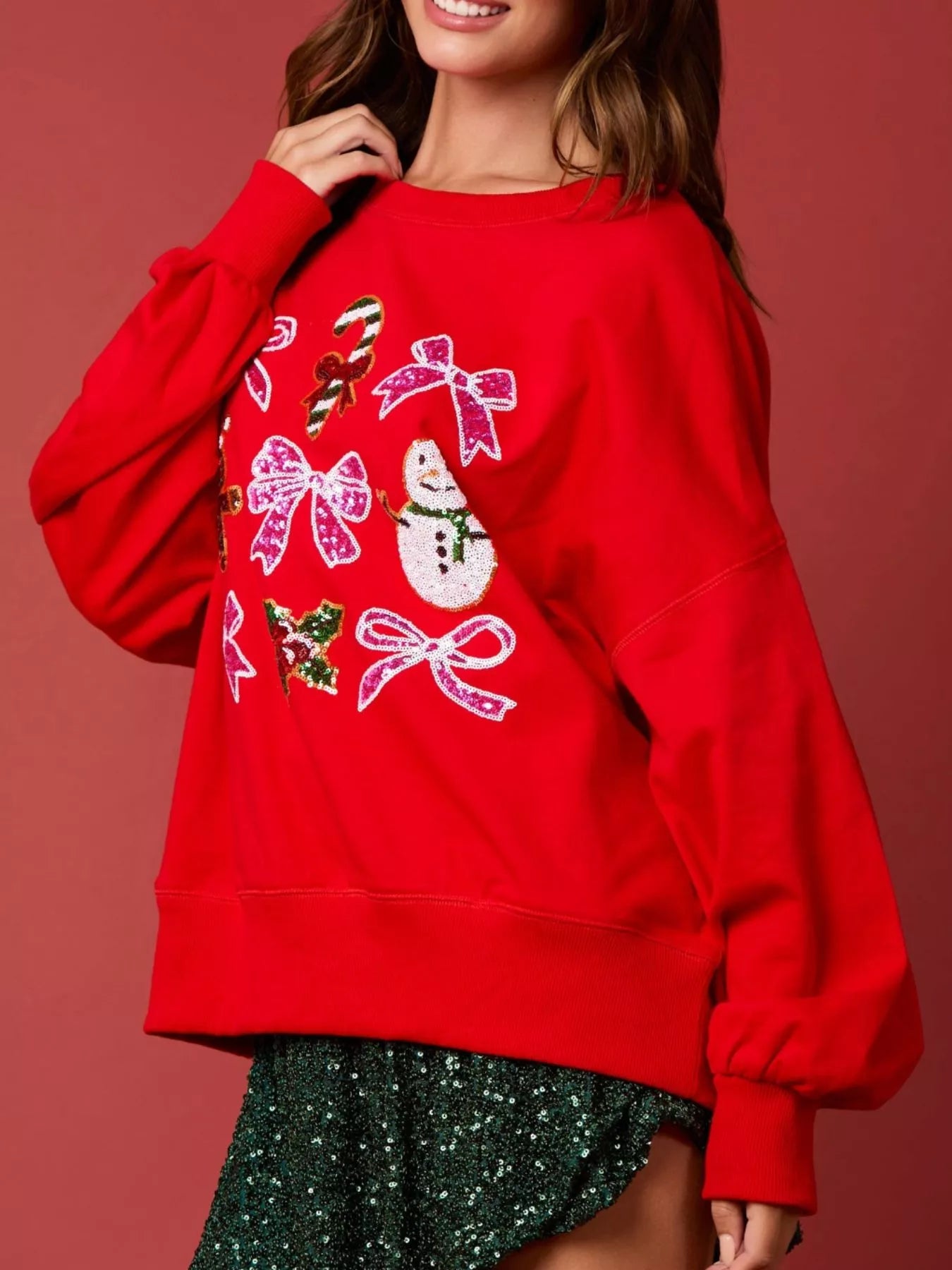 Christmas Sequin Bow Round Neck Sweatshirt OutfitFlow