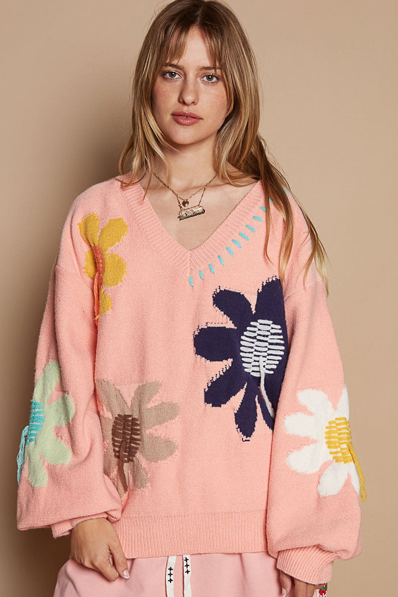 Outfit Flow - POL V-Neck Long Sleeve Flower Fringe Sweater