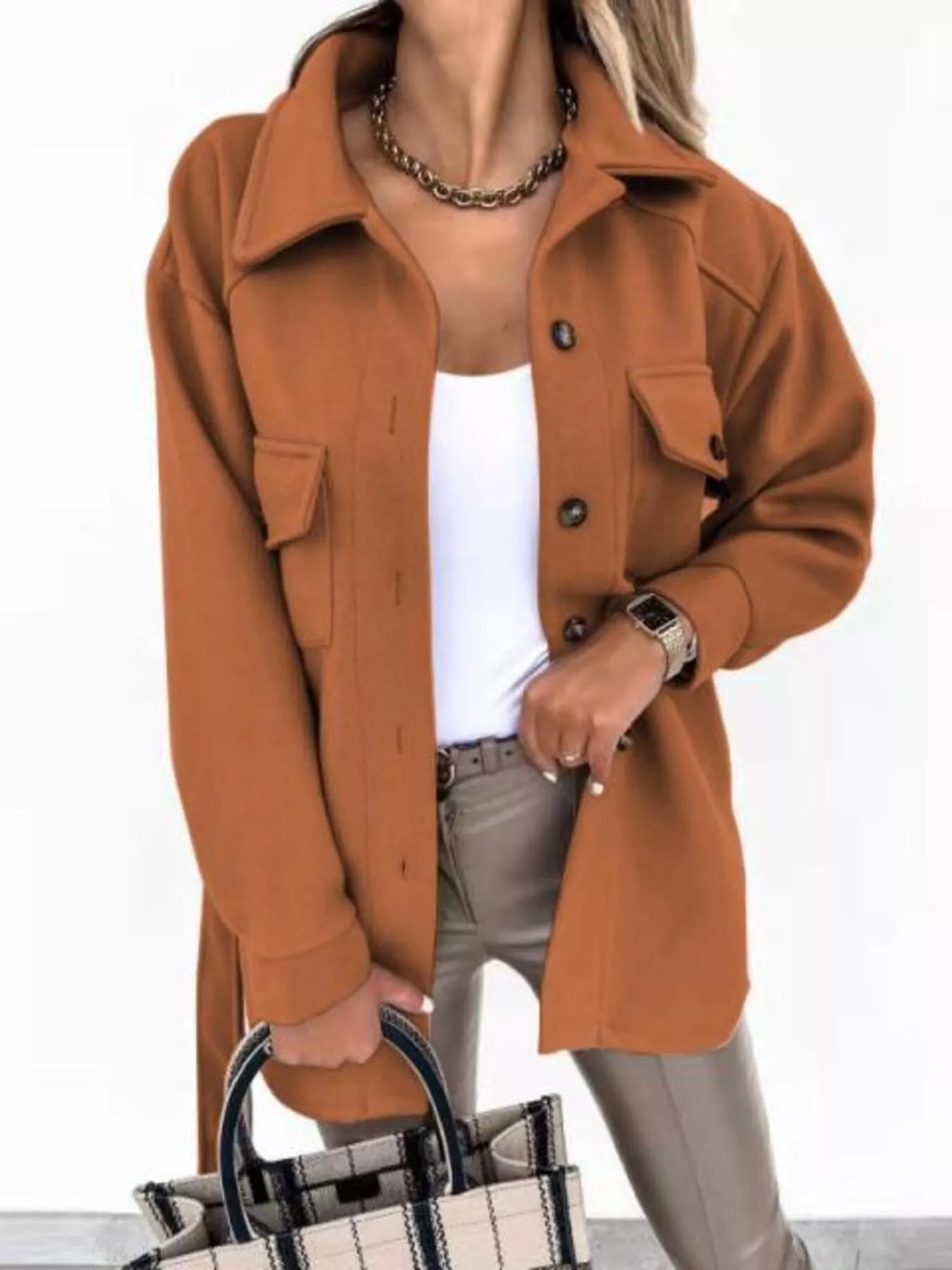 Button-Down Tie Waist Coat Caramel OutfitFlow