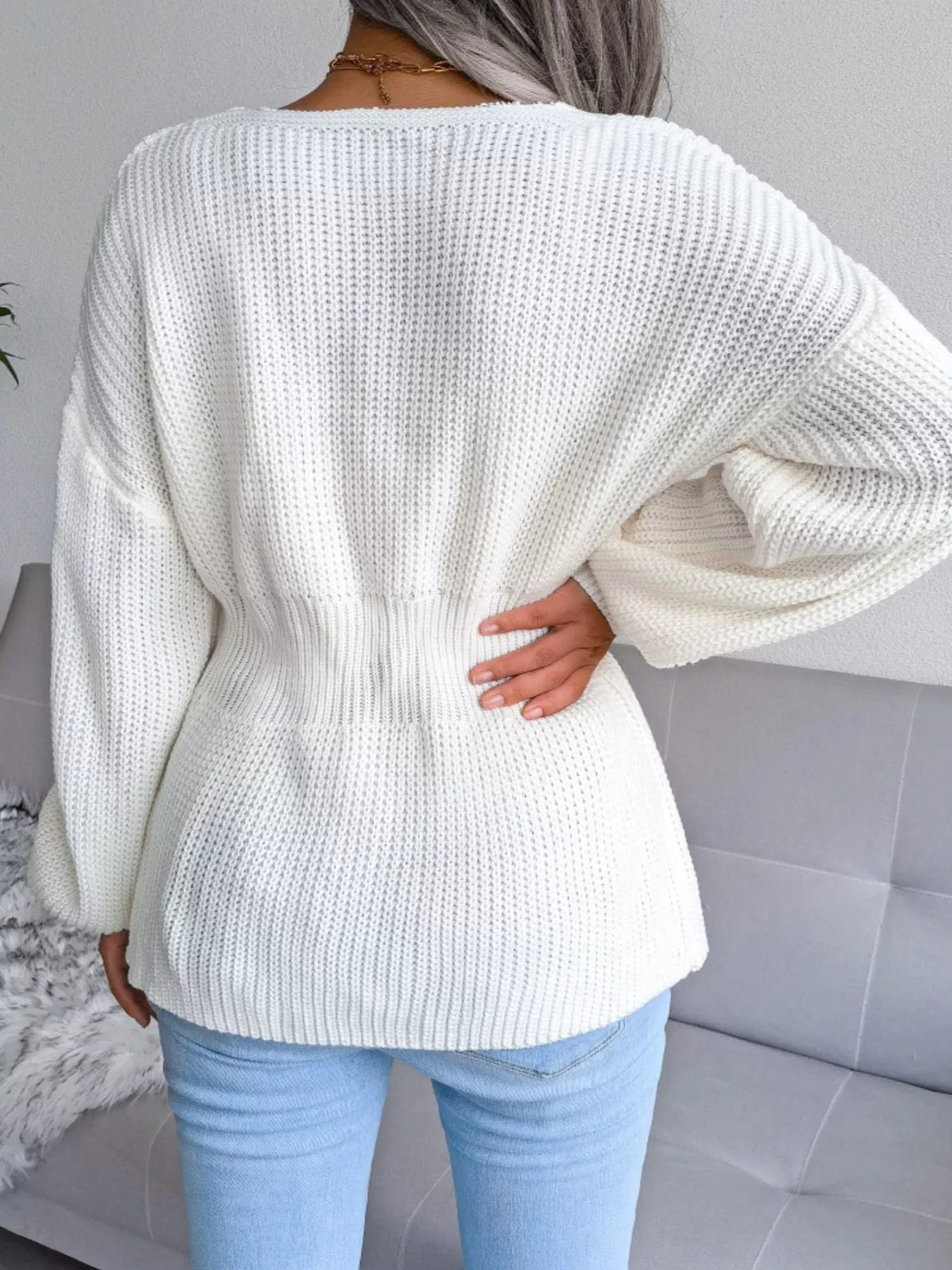 V-Neck Dropped Shoulder Sweater OutfitFlow