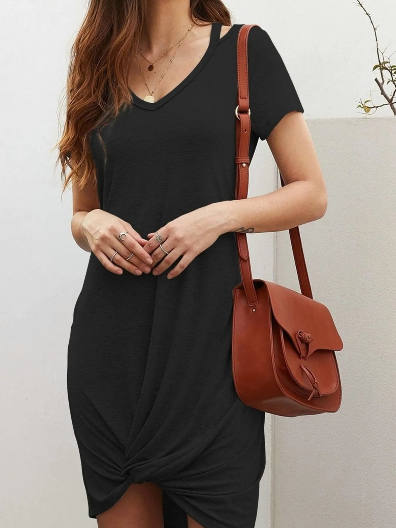 V-Neck Twisted Knot T-Shirt Dress Black OutfitFlow