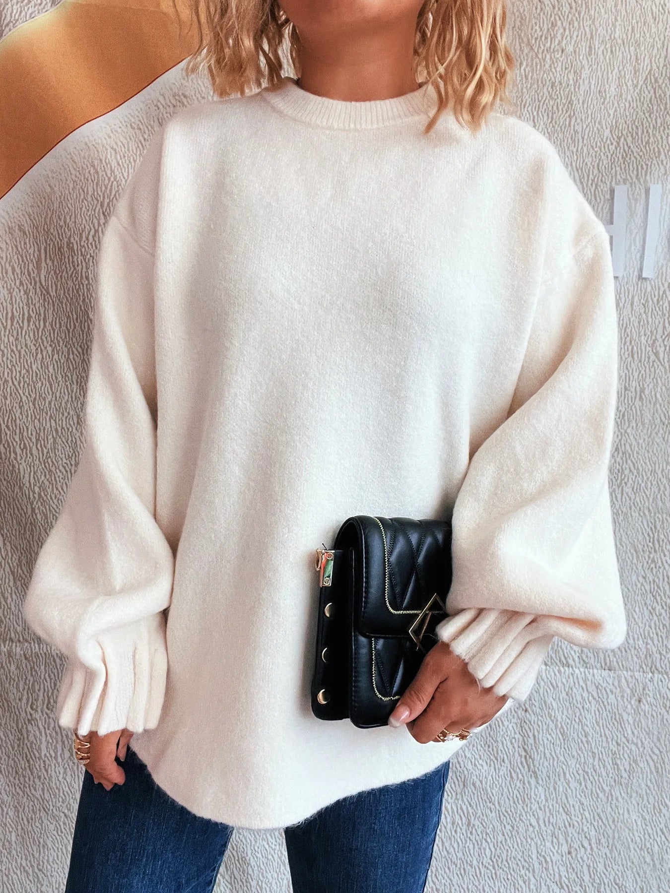 Round Neck Dropped Shoulder Sweater OutfitFlow
