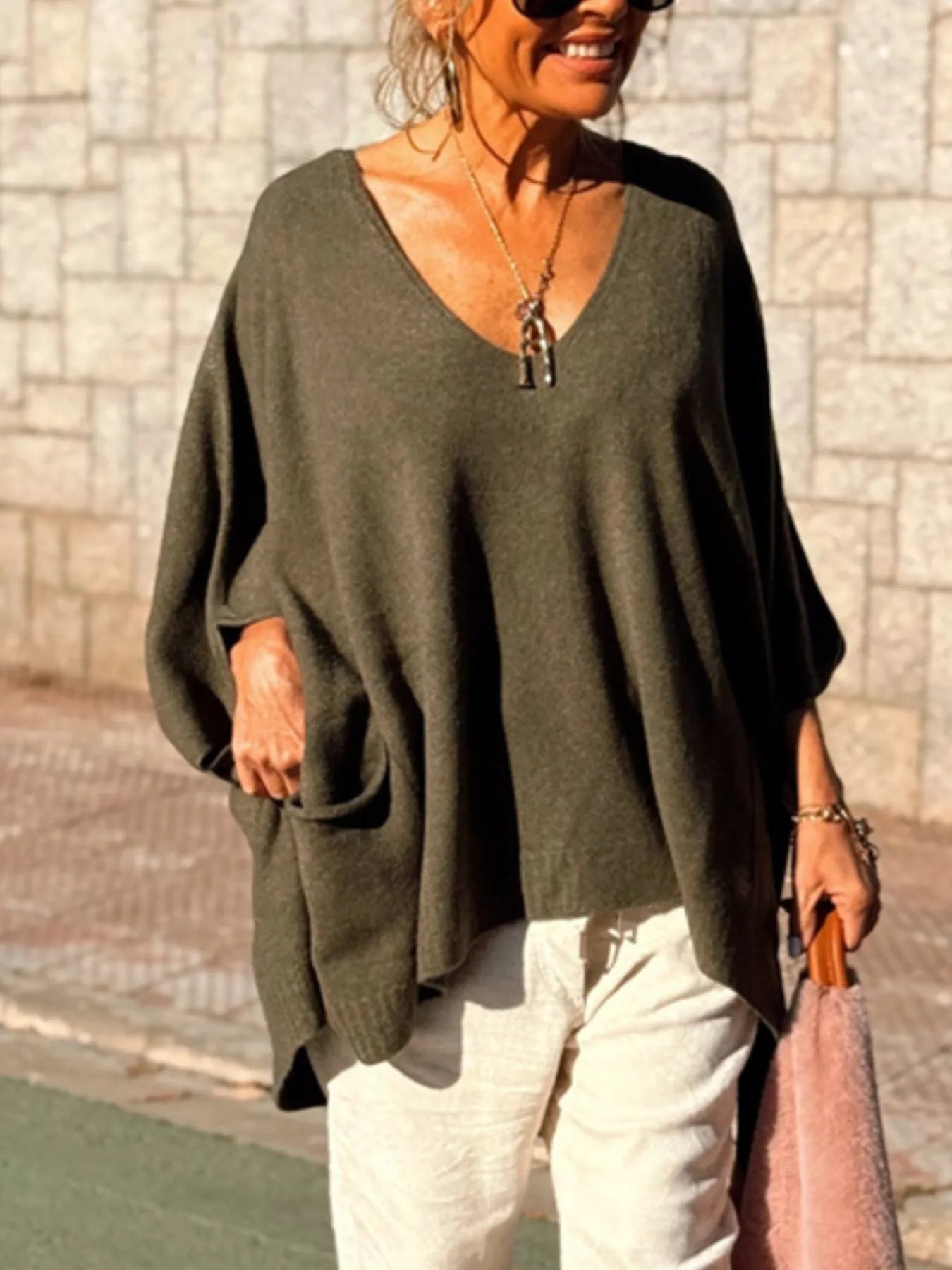Ribbed Hem V-Neck Sweater OutfitFlow