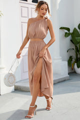 Ruched One Shoulder Top and Slit Skirt Set