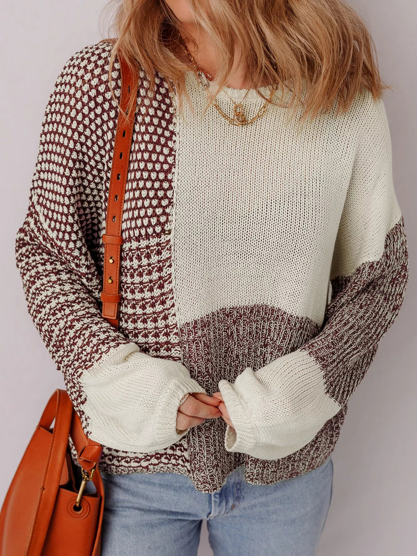 Color Block Back Tie Drop Shoulder Loose Sweater OutfitFlow