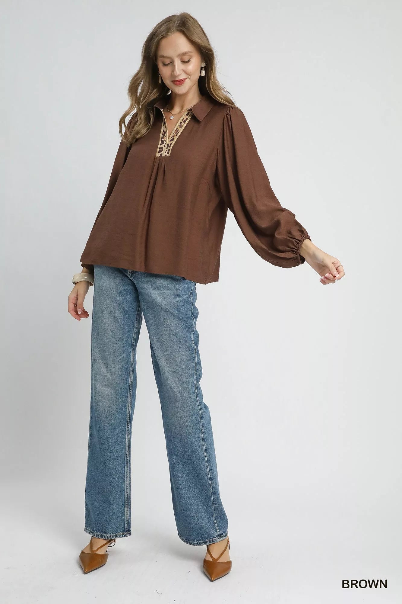 Umgee Long Sleeve Blouse with Leopard Print Trim OutfitFlow