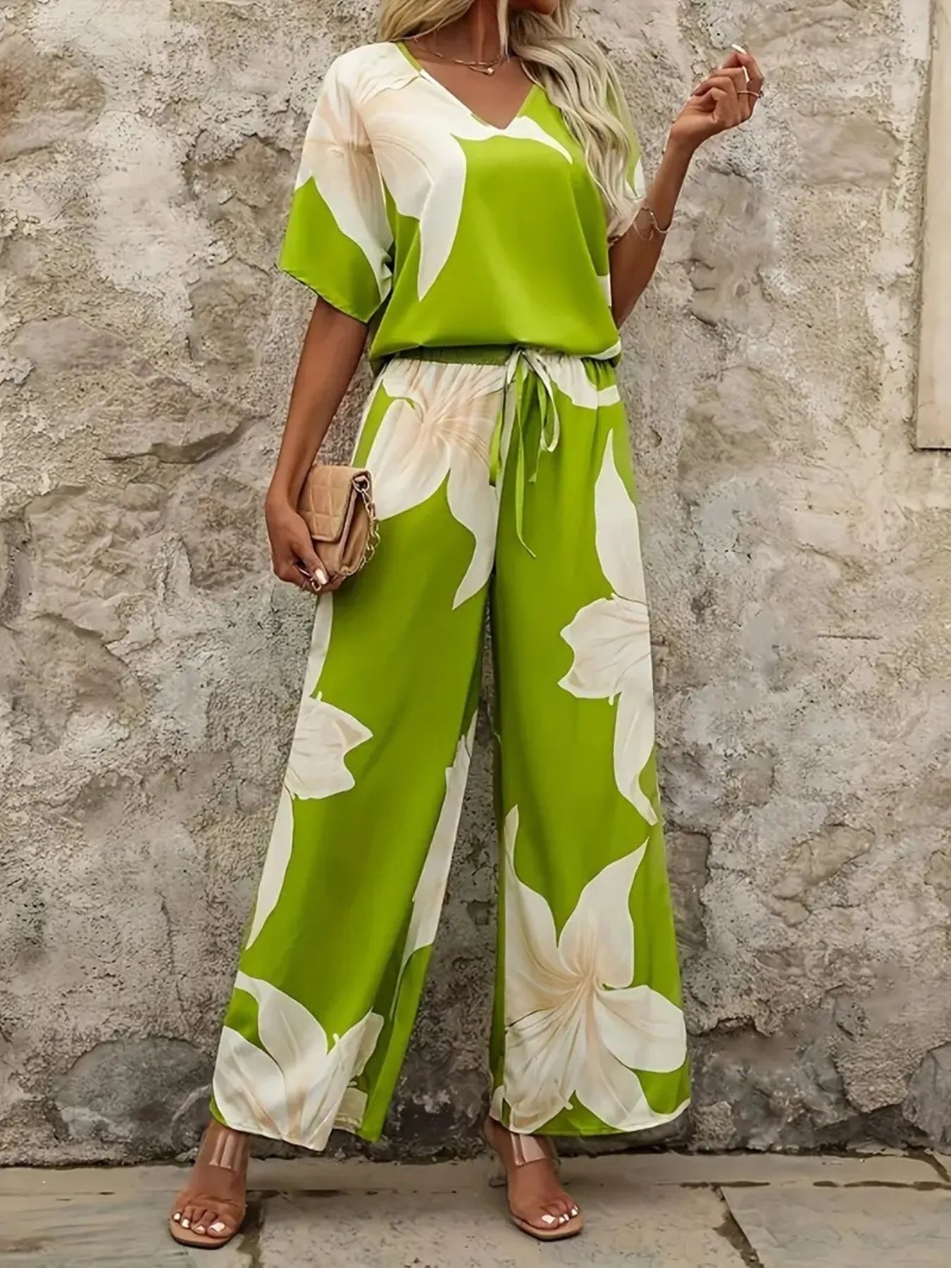 Printed V-Neck Top and Pants Set Green OutfitFlow