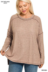 Zenana Full Size Melange Hacci Exposed Seam Hi-low Tee Plus Size OutfitFlow