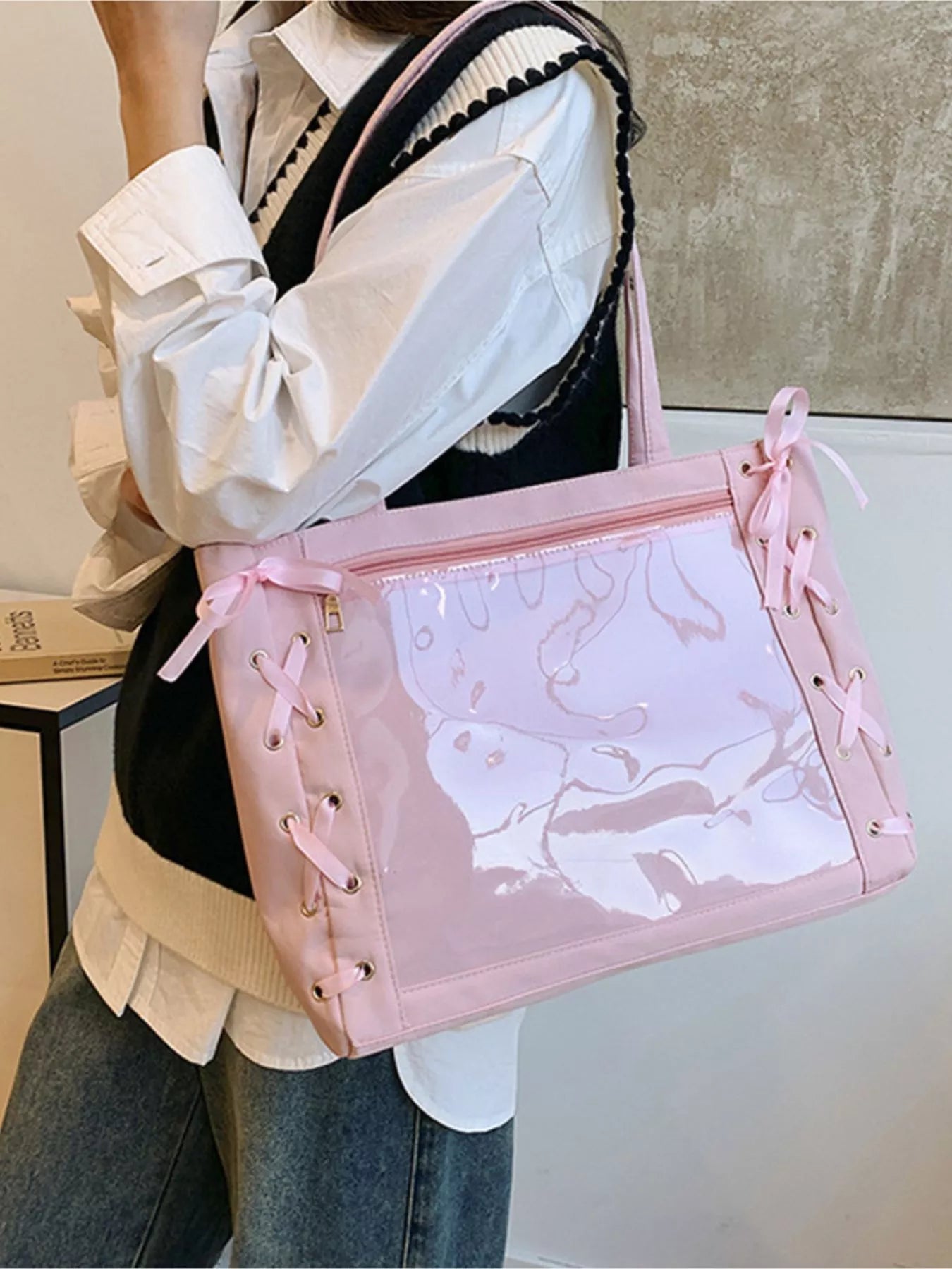 Lace-Up Trim Clear Panel Shoulder Bag OutfitFlow