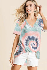 BiBi Tie Dye Print Terry V Neck Short Sleeve Top OutfitFlow