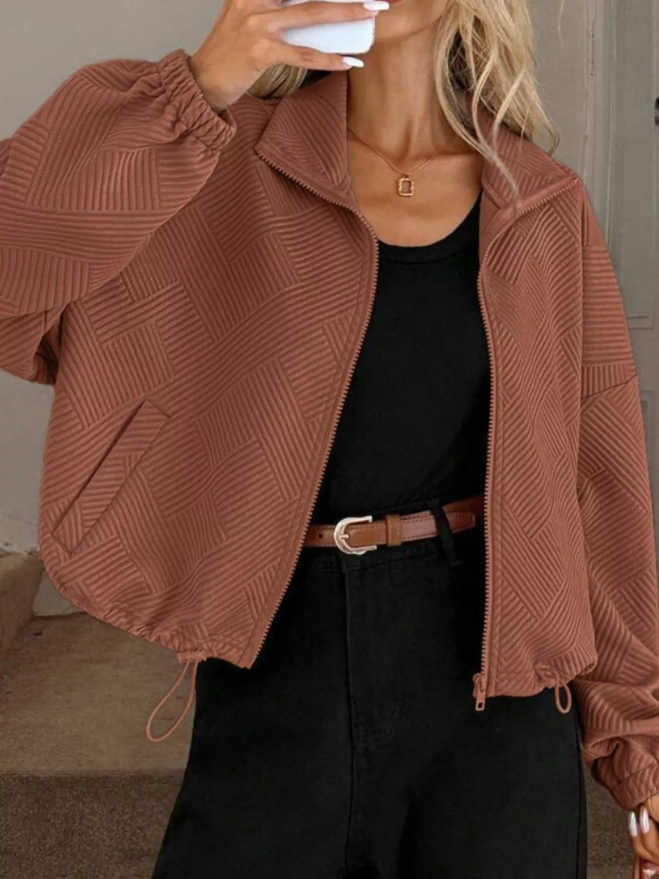 Textured Zip-Up Drawstring Hem Jacket Trendsi