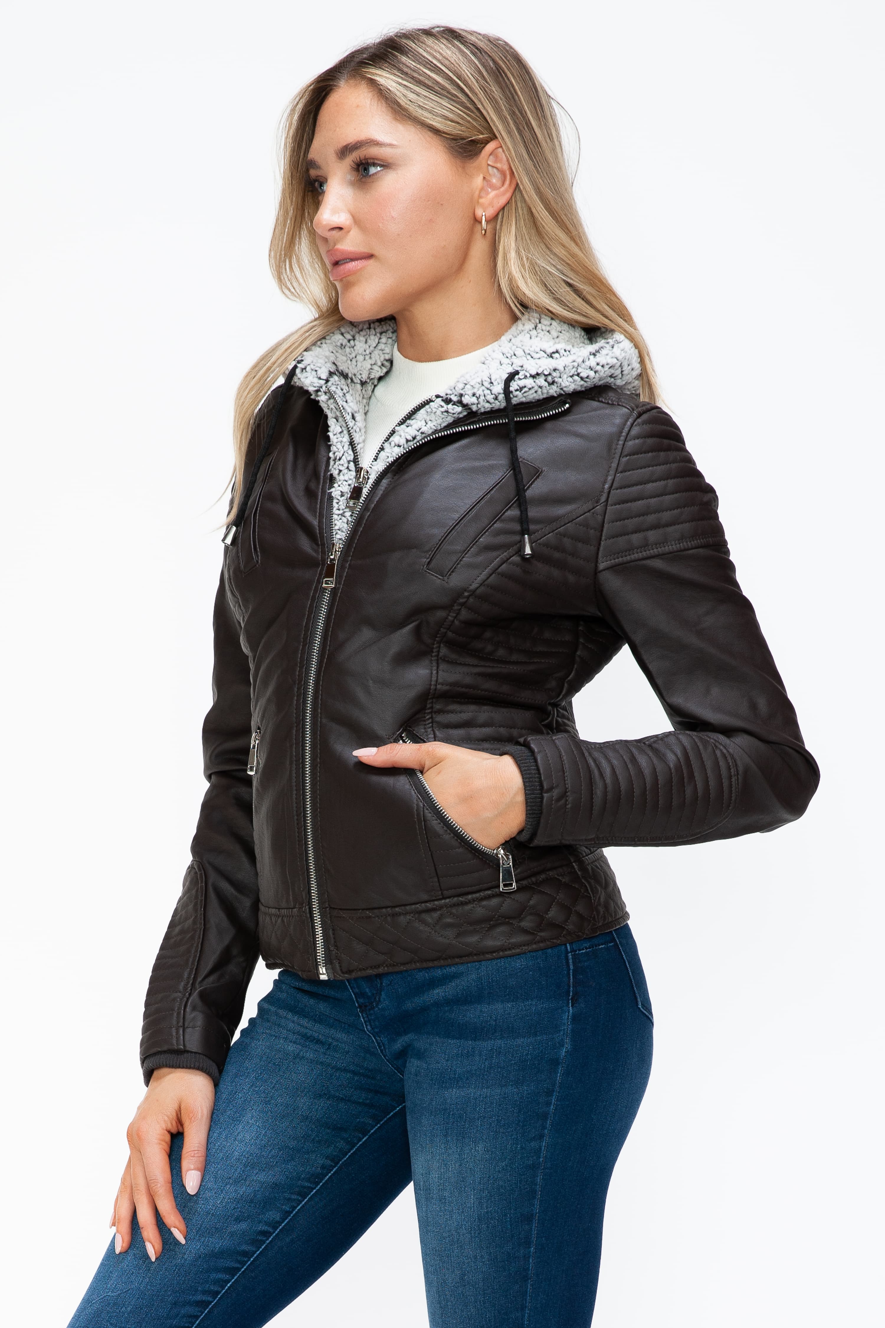 Outfit Flow - YMI Faux Layered Double-Zipper Jacket with Fuzzy Hood