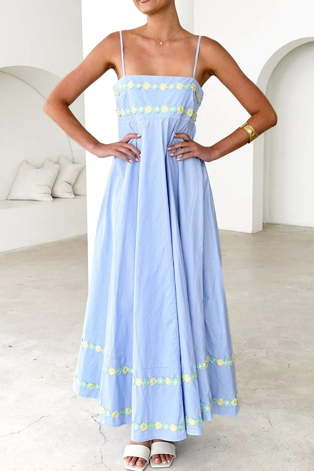 Floral Embroidered Spaghetti Strap Maxi Dress Light Blue OutfitFlow