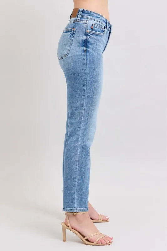 Judy Blue Full Size Mid Rise Vintage Wash Slim Jeans with Cell Phone Pocket Plus Size OutfitFlow