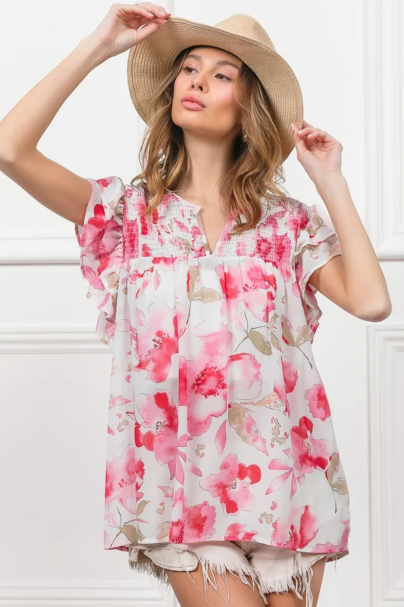 BiBi Floral Print Flutter Sheer Top OutfitFlow