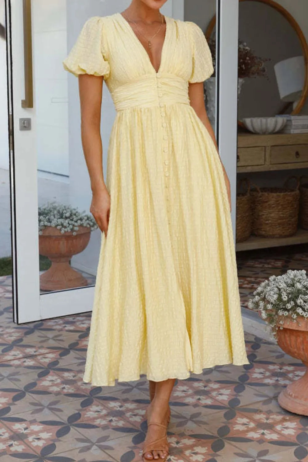 V-Neck Puff Short Sleeve Midi Dress Pastel Yellow OutfitFlow