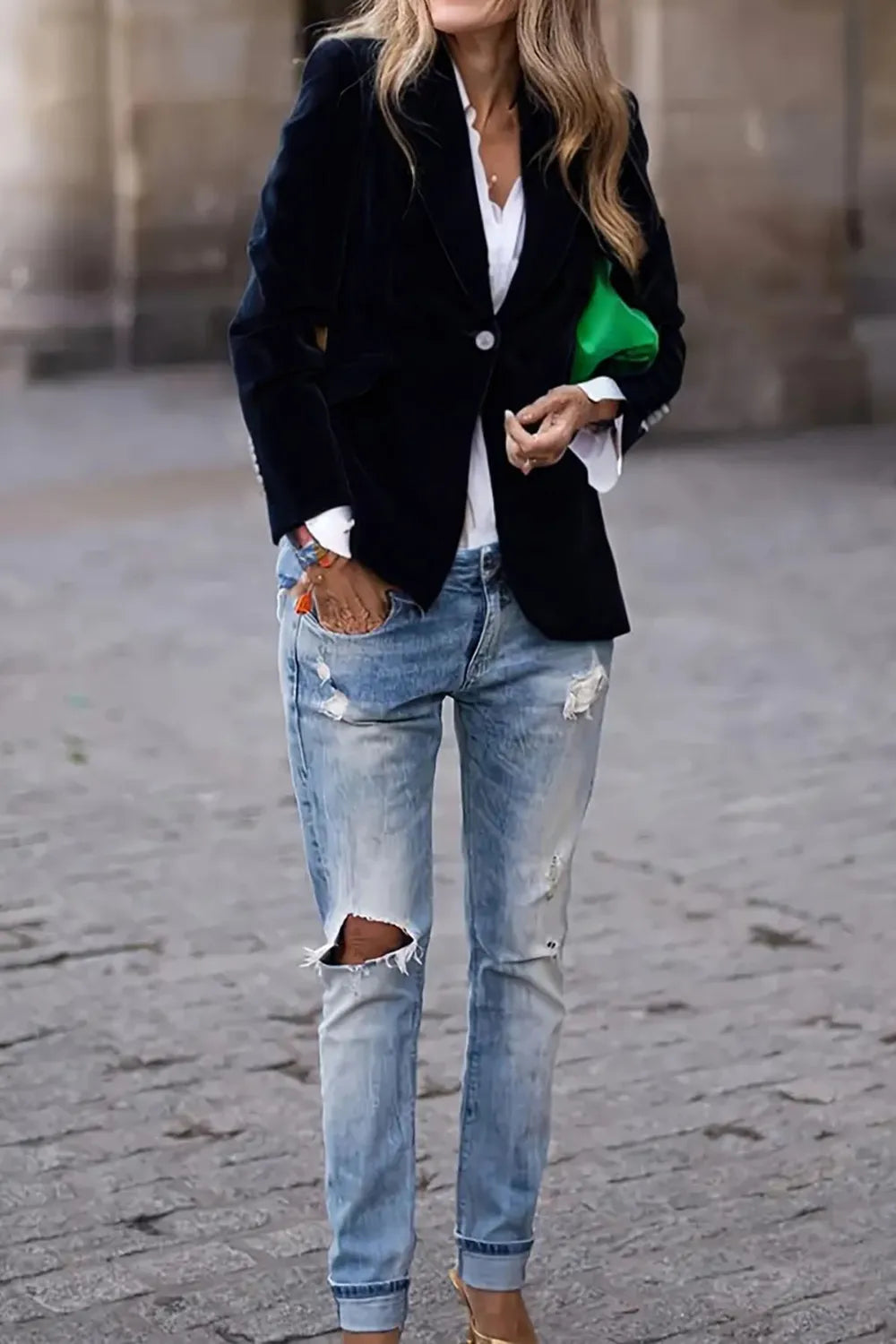 One Button Lapel Collar Long Sleeve Blazer Trendsi