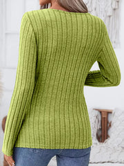 Ribbed Knit Notched Long Sleeve Top OutfitFlow
