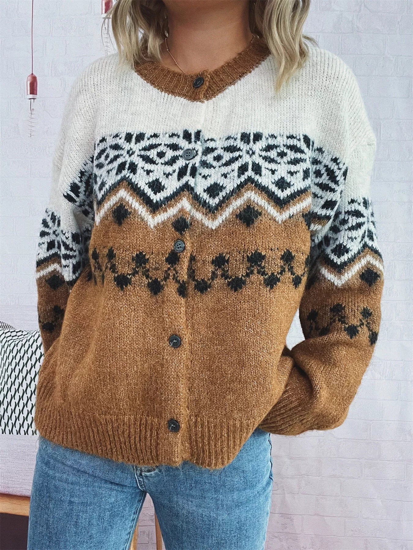 Christmas Button Up Drop Shoulder Cardigan Khaki One Size OutfitFlow