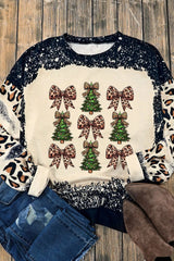 Christmas Tree & Leopard Bow Round Neck Sweatshirt OutfitFlow