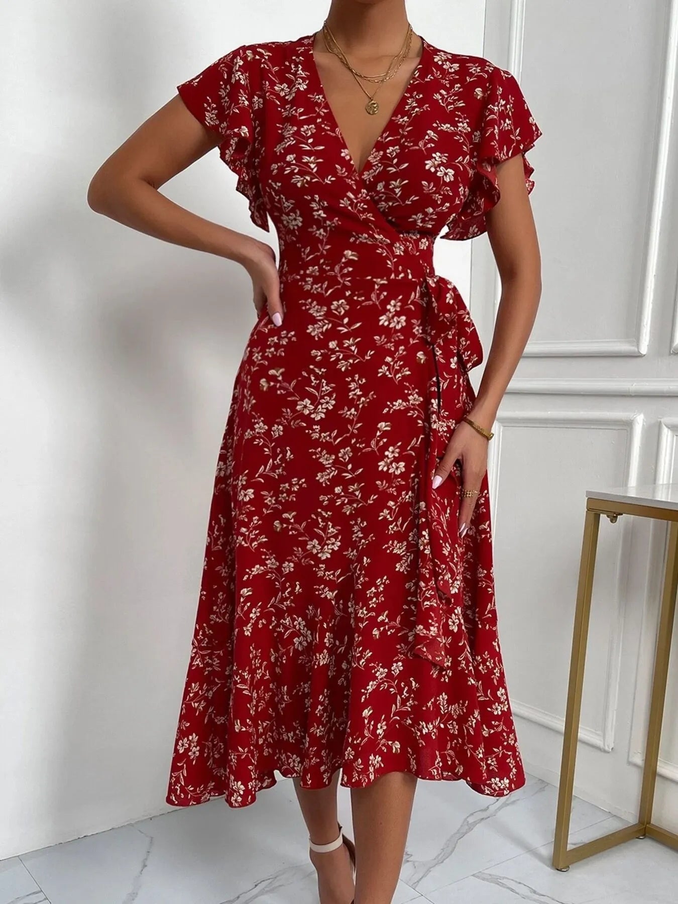 Floral Ruffle Sleeves Midi Dress OutfitFlow