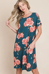 BOMBOM Floral Round Neck Short Tee Dress with Pockets OutfitFlow