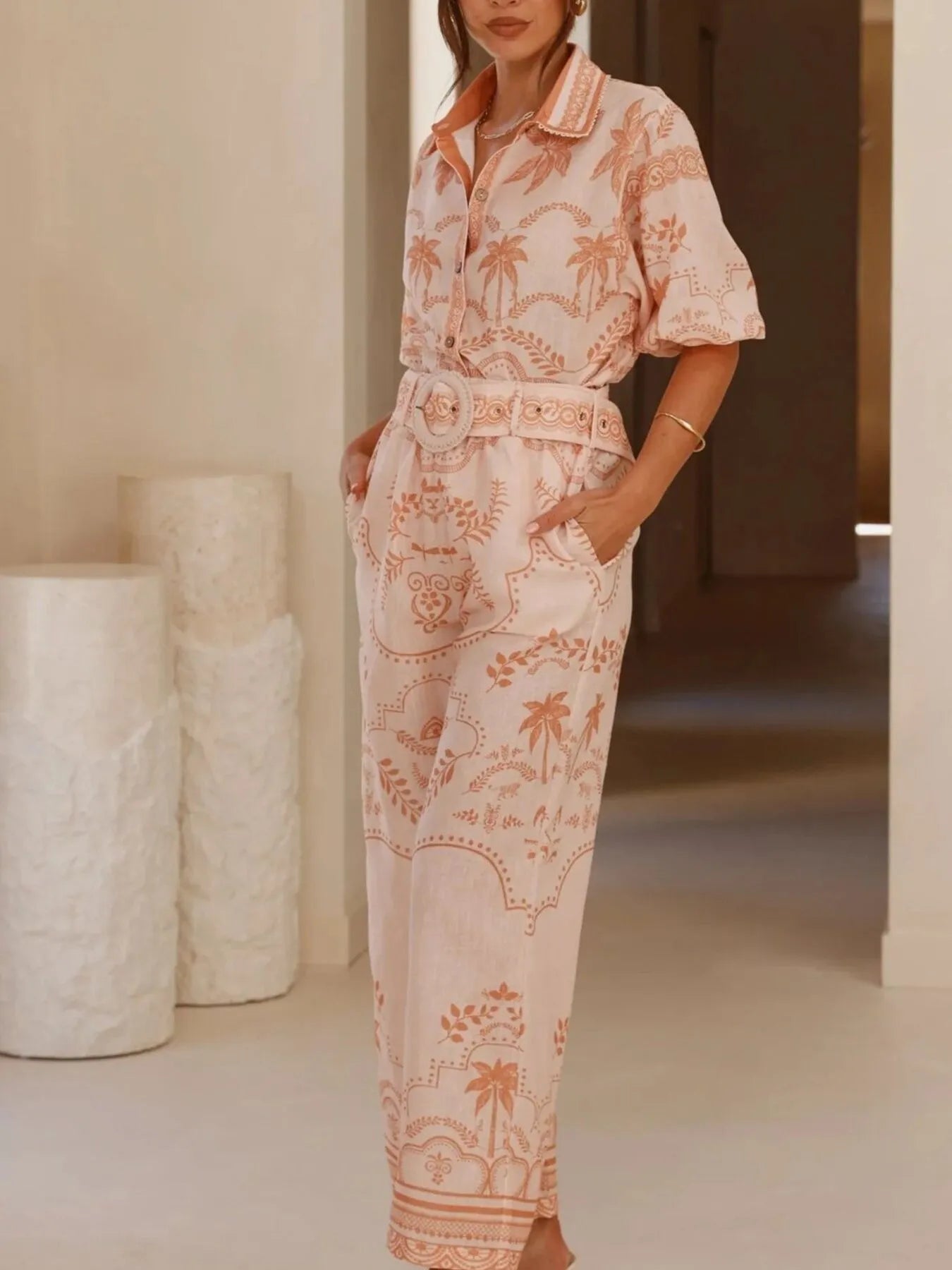 Printed Button Up Shirt and Pants Set OutfitFlow