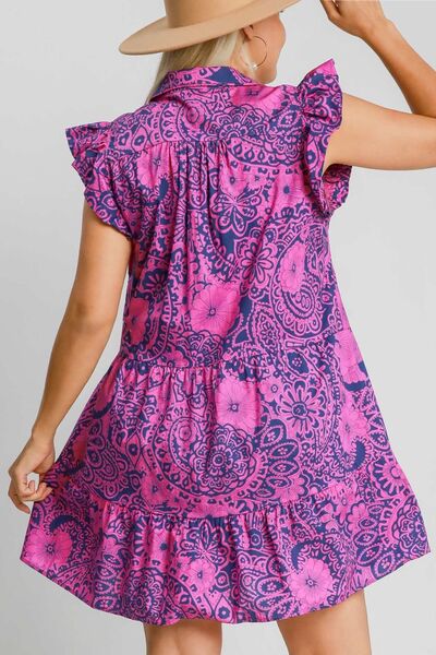 Umgee Full Size Printed Ruffle Cap Sleeve Babydoll Dress Plus Size OutfitFlow