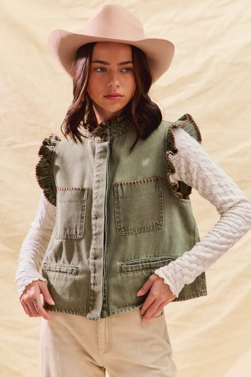 SO ME Washed Denim Stitch Ruffled Hidden Button Vest Top OutfitFlow