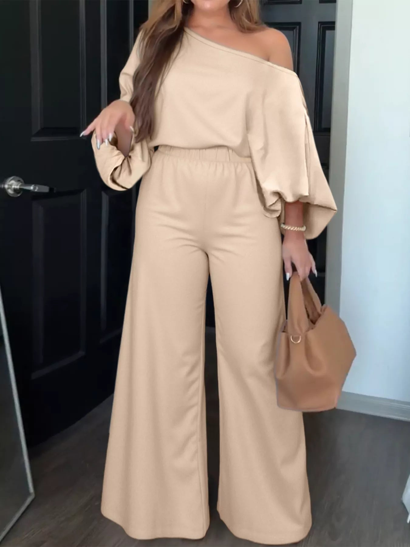 Plus Size One-Shoulder Top and Wide Leg Pants Set OutfitFlow
