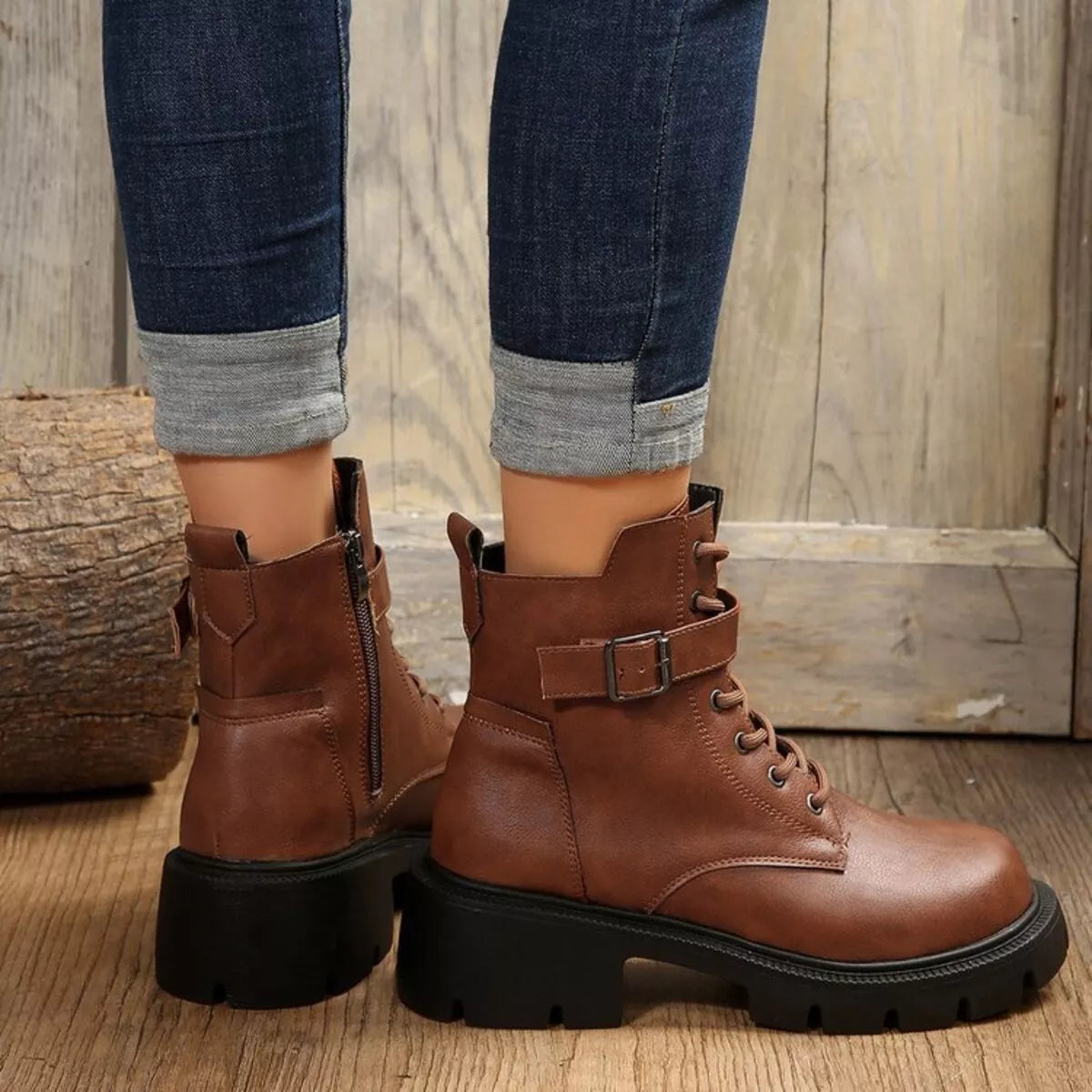 Lace-Up Buckle Accent Block Heel Boots Trendsi