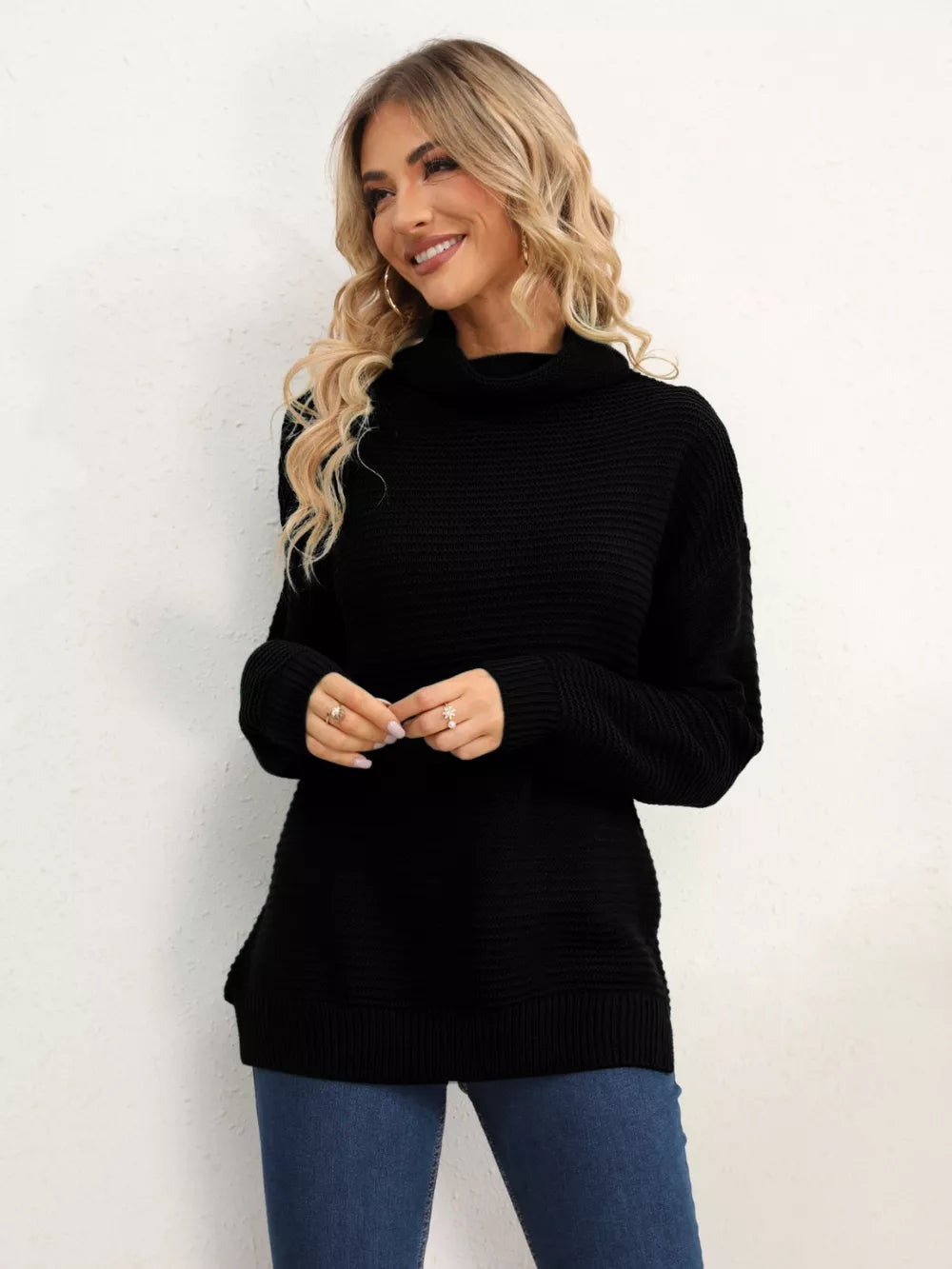 Slit Turtleneck Dropped Shoulder Sweater Trendsi