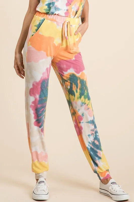 BiBi Tie Dye French Terry Casual Pants YELLOW ORANGE OutfitFlow