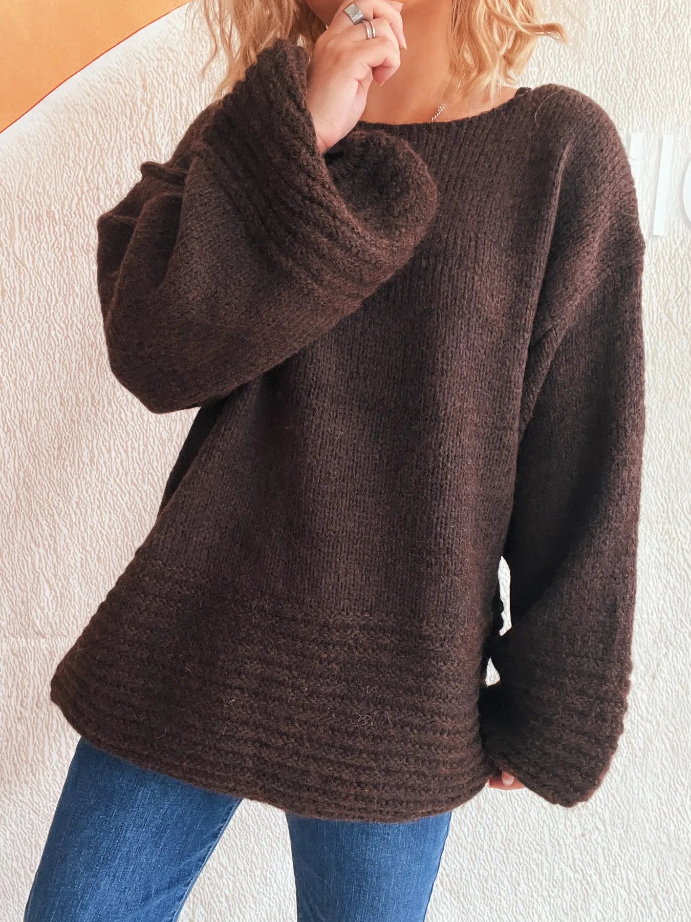 Relaxed Fit Round Neck Sweater Brown One Size Trendsi