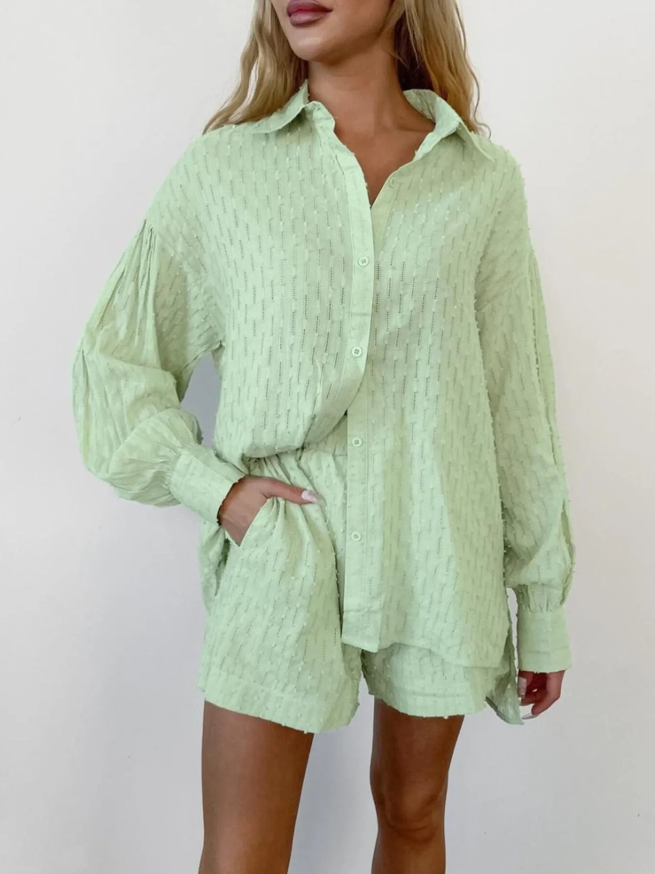 Textured Button-Up Shirt and Shorts Set OutfitFlow