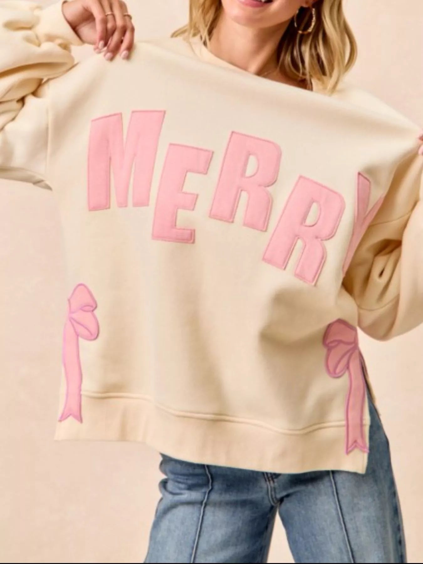 MERRY Bow Slit Crew Neck Christmas Sweatshirt OutfitFlow