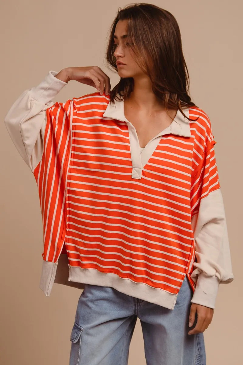 BiBi Stripe Knit Loose Fit Top With Cut Edge Detail OutfitFlow