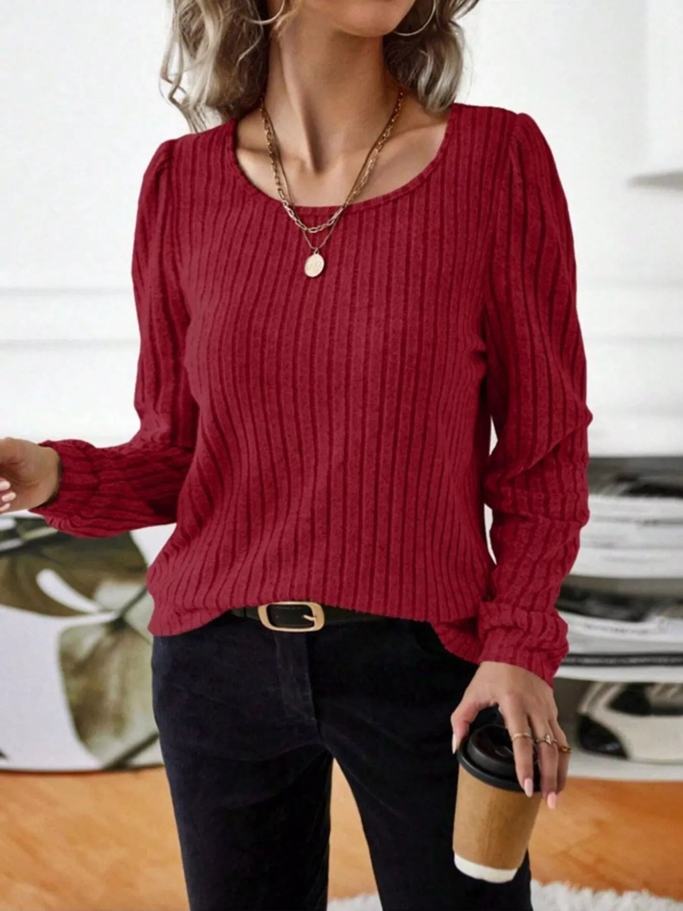 Ribbed Knit Long Sleeve T-Shirt OutfitFlow