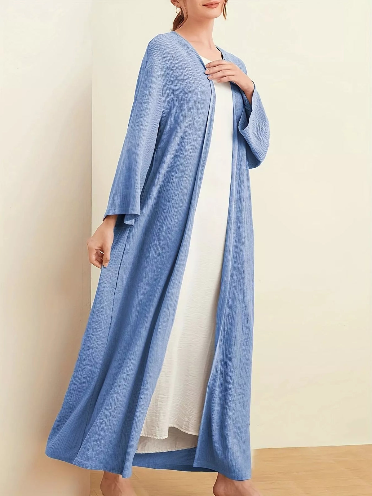 Open Front Long Sleeve Longline Cardigan Dusty Blue OutfitFlow