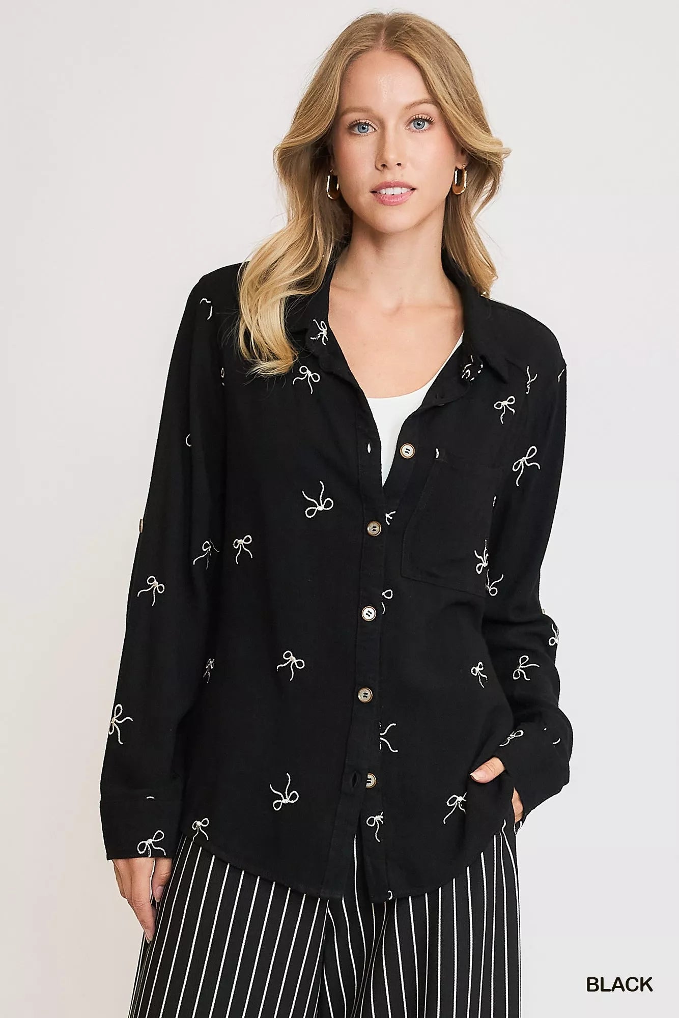Umgee Linen Blend Fitted Shirt with Ribbon Embroidery Details Black Trendsi