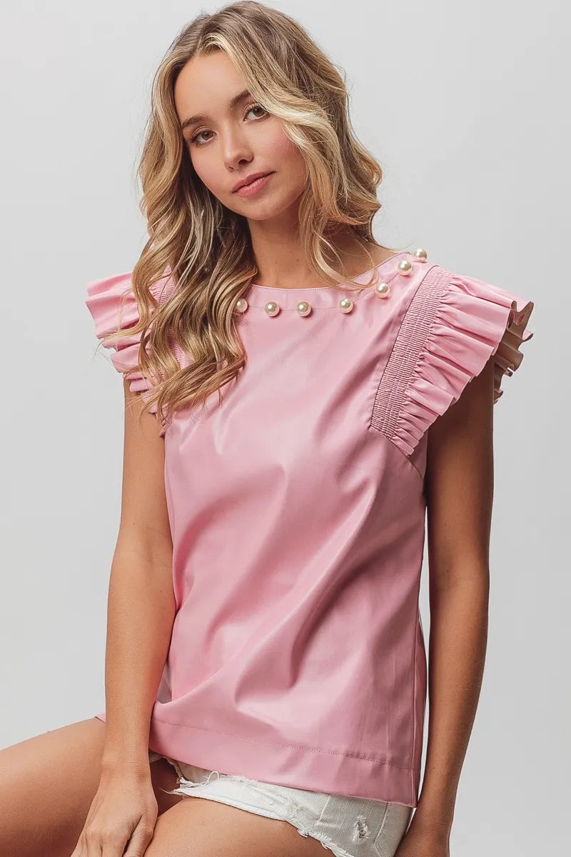 BiBi Leather Smocked Ruffled Top OutfitFlow