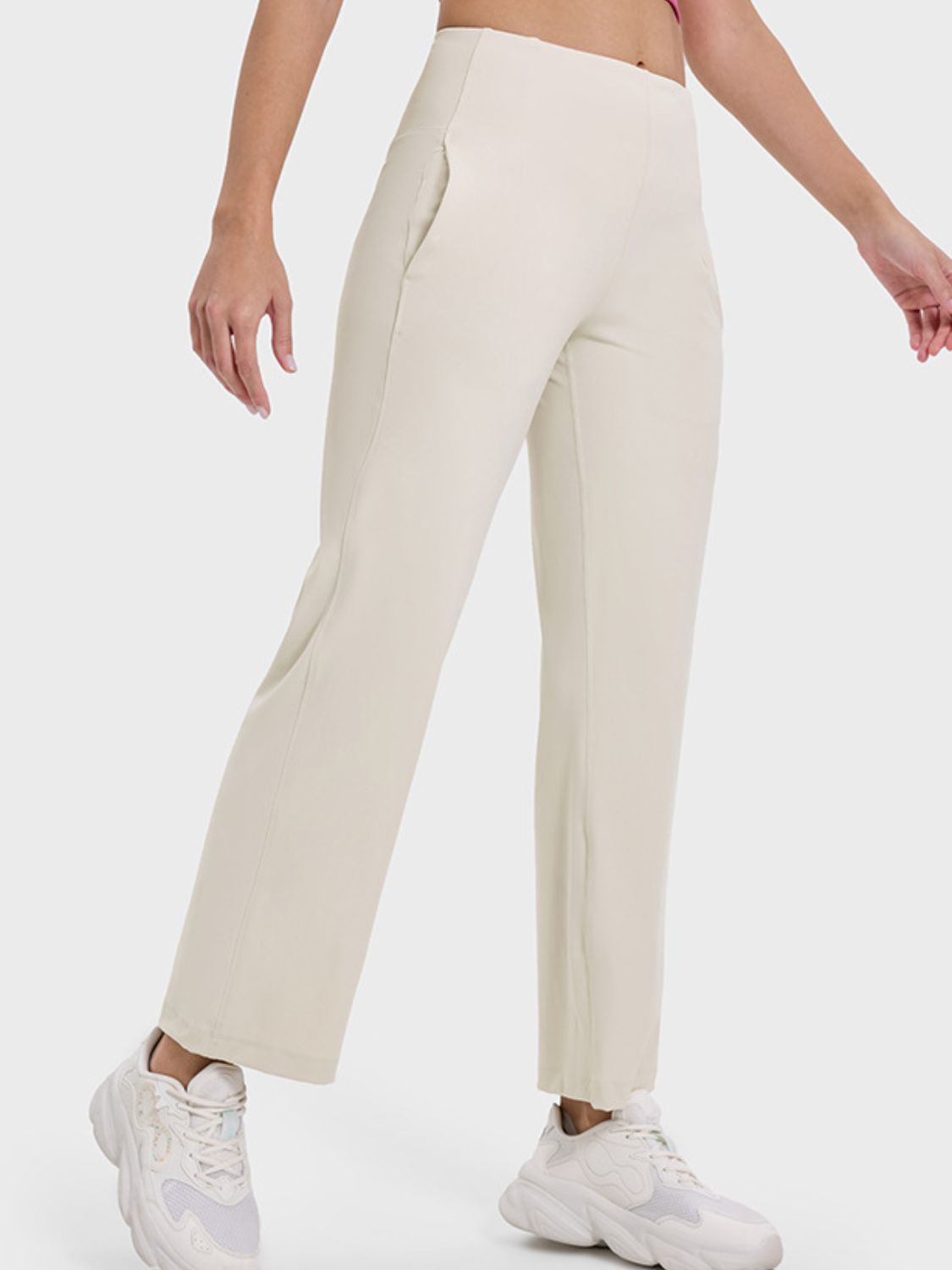 Millennia Pocketed High Waist Active Pants Beige OutfitFlow