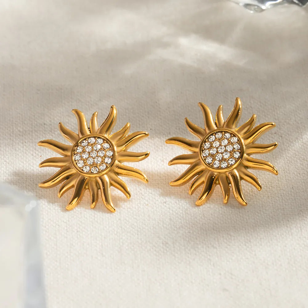 Stainless Steel Inlaid Rhinestone Sun Shape Stud Earrings OutfitFlow