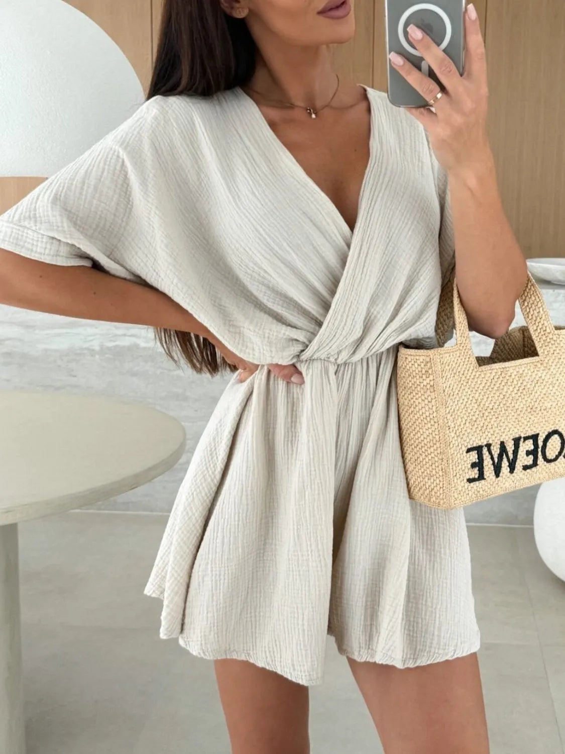 Surplice Half Sleeve Wrap Romper OutfitFlow